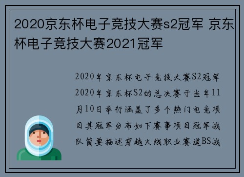 2020京东杯电子竞技大赛s2冠军 京东杯电子竞技大赛2021冠军