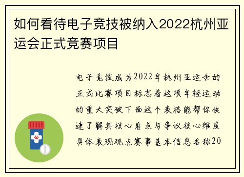 如何看待电子竞技被纳入2022杭州亚运会正式竞赛项目